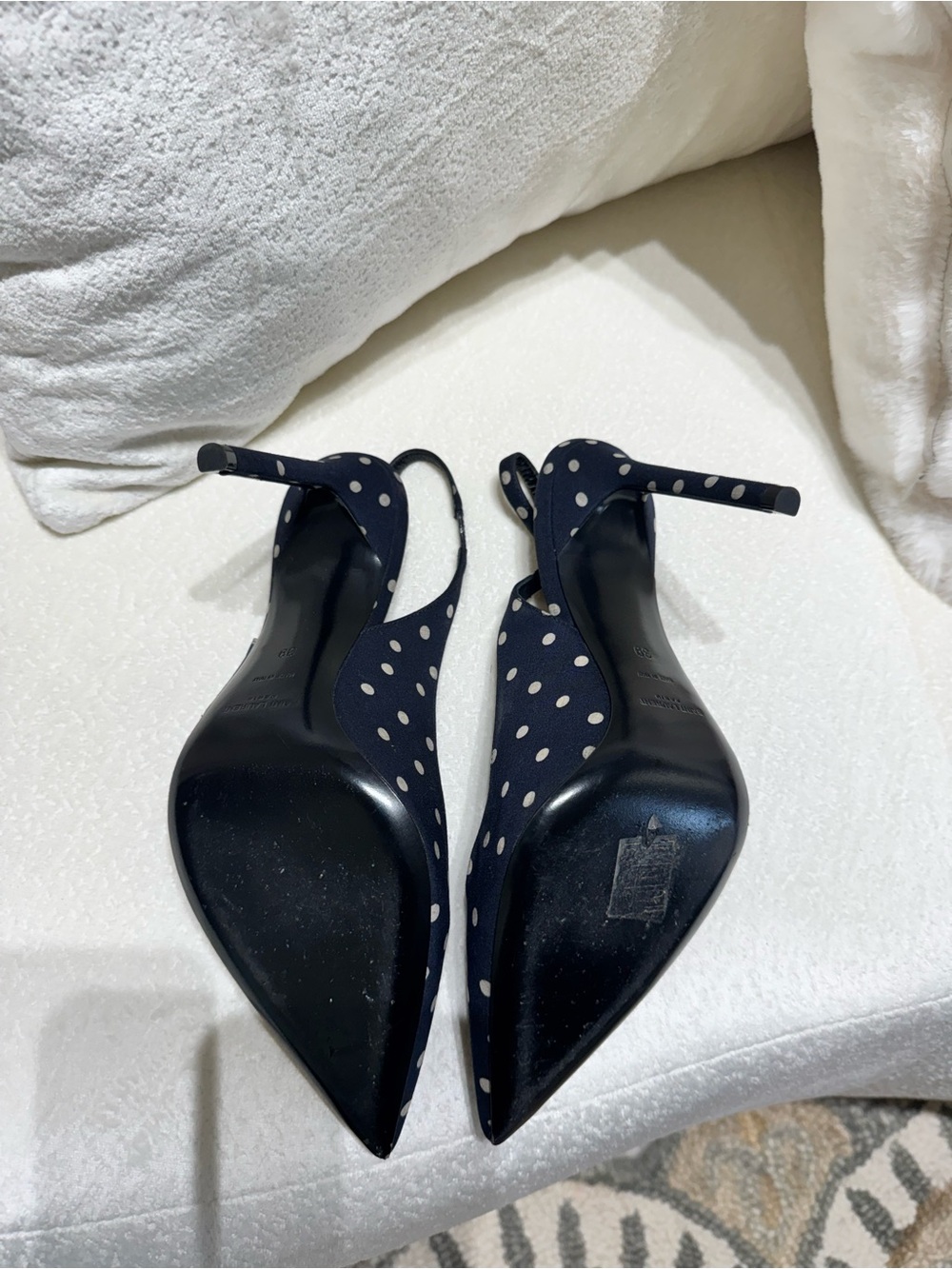 Authentic Saint Laurent Navy and White Polka Dot Slingback Pumps - Picture 4 of 6